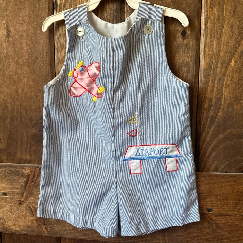 Vintage Samara Brothers Baby Romper Blue Airplane Striped Size Approx. 3-6m
